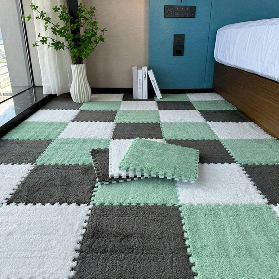 12 tấm thảm trải sàn bằng vải nhung chắp vá màu xám + xanh bạc hà + trắng, kích thước nhỏ 12*12*0,39 inch, thảm, thảm phòng ngủ trải tường, thảm kết hợp dày, thảm trang trí, thảm xốp flannel mềm, thảm phòng trò chơi, đáy EVA và mặt trên bằng vải nỉ mềm mật độ cao, có thể giặt được, tùy chỉnh, dễ kết nối, nhẹ và dễ cất giữ, thích hợp cho phòng ngủ, phòng khách, bệ cửa sổ, phòng học, phòng trò chơi, v.v. - Xám 4+xanh bạc hà 4+trắng 4 (kích thước nhỏ có thể ghép được) - Xem 1