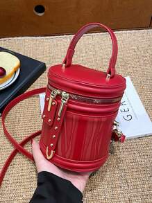 2024 新款时尚红色撞色顶部手柄圆形桶形包，优雅纯色迷你女士单肩斜挎包 - 酒紅色 - 查看 6