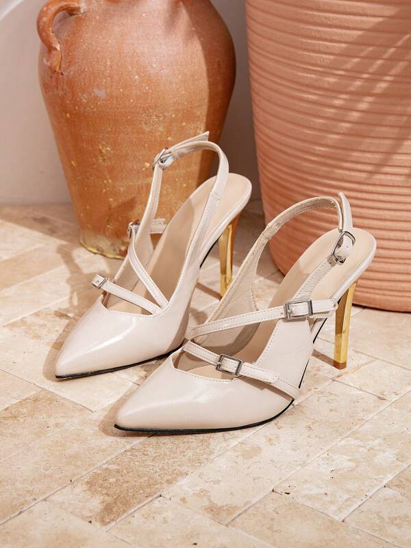 Nuovi sandali eleganti stile francese con punta affusolata e chiusi, con tacco a spillo, cinturino con fibbia e tomaia aperta