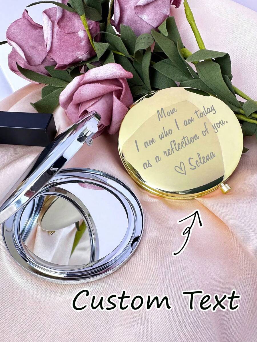 1pc Personalized Text Blessing, Gold Round Portable Compact Mirror, Gift For Mother Of The Bride, Daughter To Mom, Wedding Gift, Bridesmaid Gift, Gift For Groom's Mother, Customized Pocket Mirror,Wedding Essentials - Gold - View 1