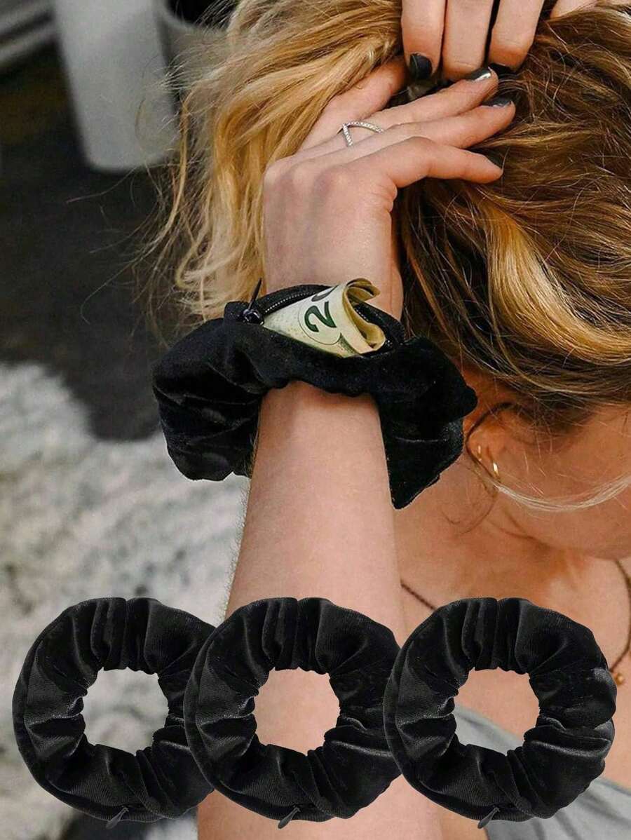 3pcs/1pc Solid Color Casual Street Style Polyester Scrunchies With Zipper Elastic Hair Ties, Multipurpose For Keys, Cash, Earphones, Lipstick, Brushes, Skincare, Phone, Coins, Small Items, For Home, Gift, Holiday & Festival Usescrunchy Hair Ties