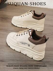 女士春秋休闲硫化厚底运动鞋，百搭时尚鞋履，防滑软底，适合日常休闲装、跑步、旅行、工作和社交场合 - 卡其色 - 查看 2