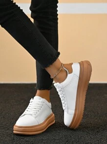 女士简约双色前系带皮革厚底防滑运动鞋，轻便百搭，适合日常、户外、通勤、情侣款、运动徒步 - 白棕 - 查看 2