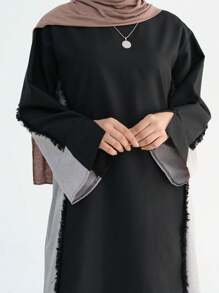 1pc Frayed Linen Blend Abaya Modest Islamic Clothing Closed Abaya Dress Robe Kaftan - Black - View 3