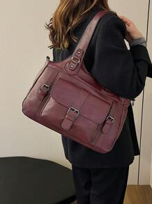 1 件多口袋女士手提包，多功能单肩/腋下休闲手提包，软皮大容量女士工作通勤包，单肩斜挎包适合办公室、购物、休闲、学校 - 酒紅色 - 查看 7