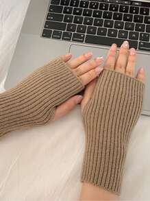 1 双女士纯色半指手套，冬季柔软保暖羊毛针织臂套，保暖书写手套 - 彩色 - 查看 13