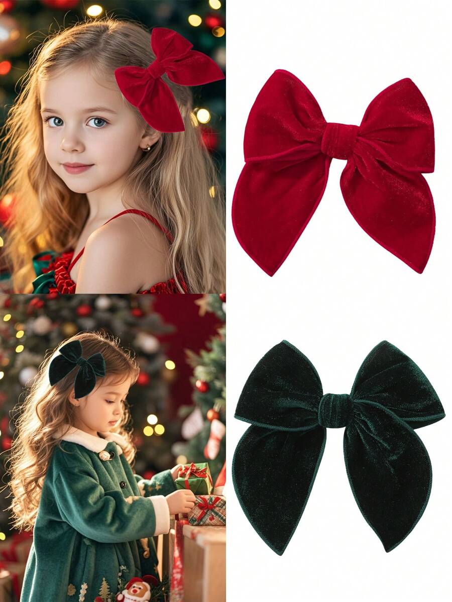 1 件/2 件儿童/女孩天鹅绒蝴蝶结发夹，百搭优雅可爱适合秋季、冬季、圣诞节、绿色、红色 - 彩色 - 查看 1