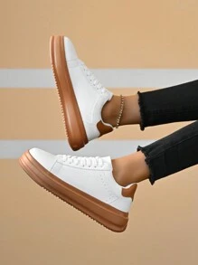 女士简约双色前系带皮革厚底防滑运动鞋，轻便百搭，适合日常、户外、通勤、情侣款、运动徒步 - 白棕 - 查看 9