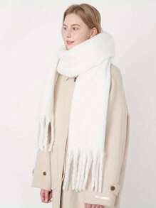 1件装女士白色流苏长款马海毛保暖防风围巾，简约时尚冬季加厚保暖羊绒披肩围巾，日常、聚会、约会两用，可作礼物