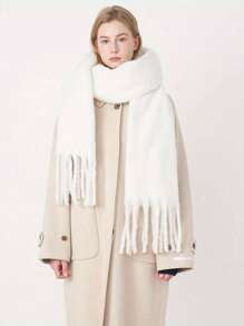 1件装女士白色流苏长款马海毛保暖防风围巾，简约时尚冬季加厚保暖羊绒披肩围巾，日常、聚会、约会两用，可作礼物