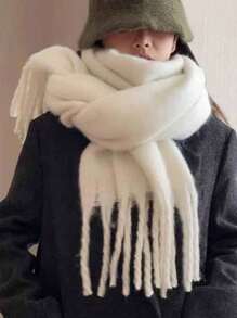 1件装女士白色流苏长款马海毛保暖防风围巾，简约时尚冬季加厚保暖羊绒披肩围巾，日常、聚会、约会两用，可作礼物