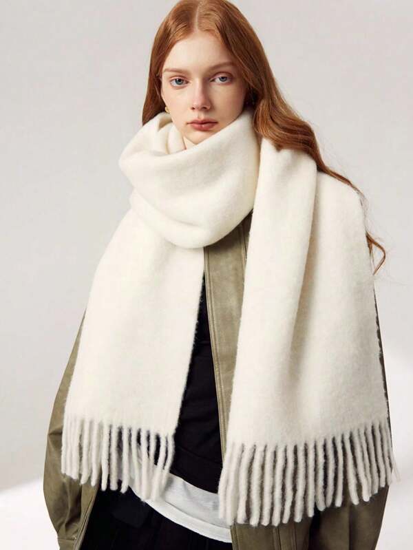 1pc Women's White Tassel Long Mohair Warm Windproof Scarf Simple Fashion Winter Thick Warm Cashmere Shawl Scarf Dual Use For Daily Party Dating Gifts