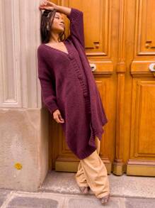 女士纯色前排纽扣长袖休闲衬衫，日常穿着 - 酒紅色 - 查看 1