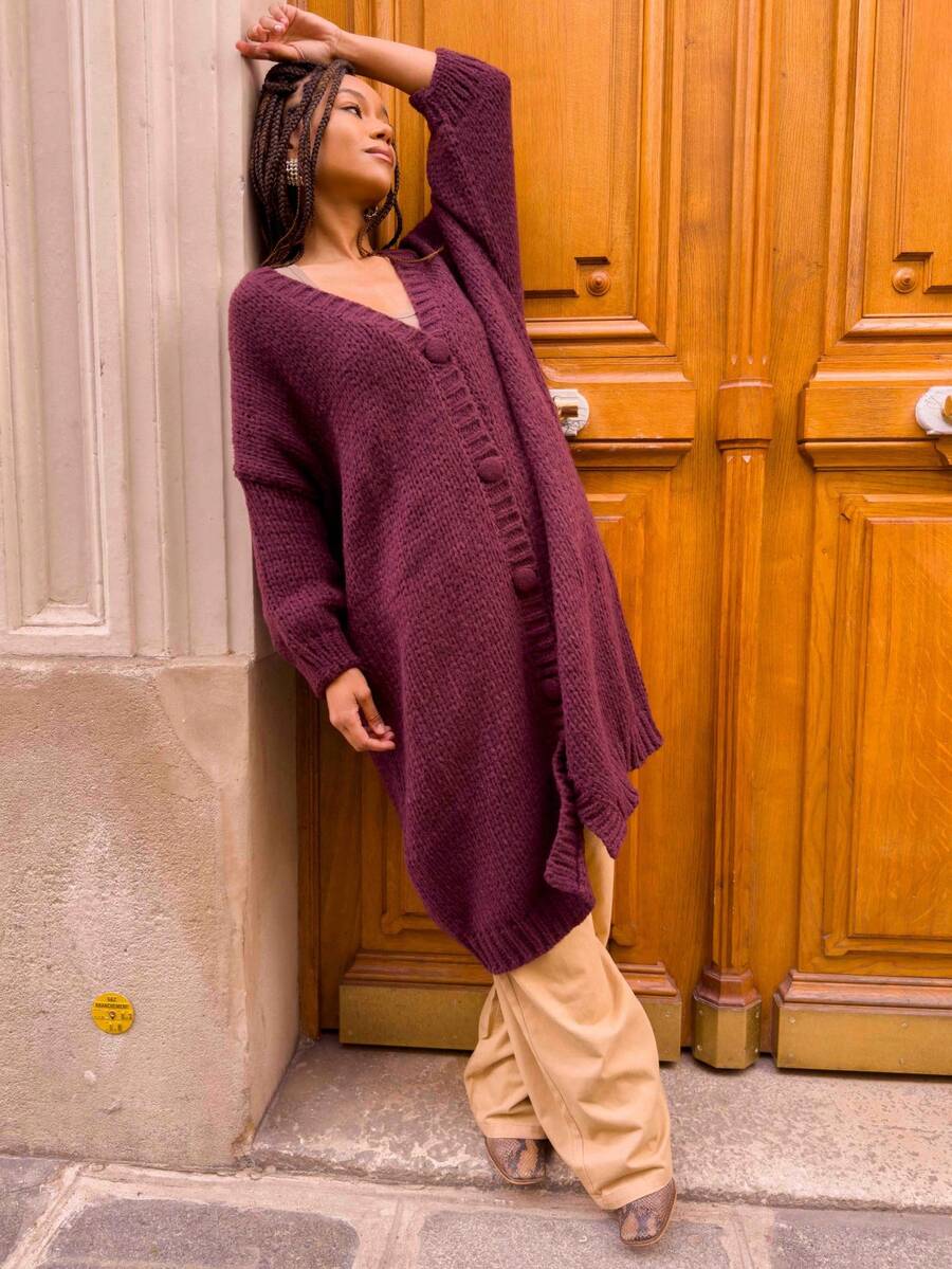 女士纯色前排纽扣长袖休闲衬衫，日常穿着 - 酒紅色 - 查看 1