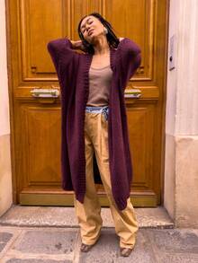 女士纯色前排纽扣长袖休闲衬衫，日常穿着 - 酒紅色 - 查看 2