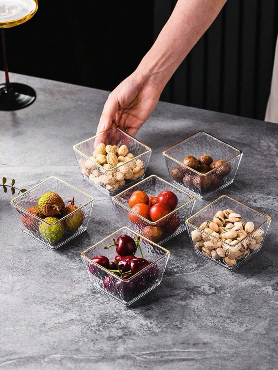 1 pezzo Piatto quadrato con bordo dorato e design goffrato, adatto per spuntino, biscotti, caramelle - Trasparente - Visualizzare 1