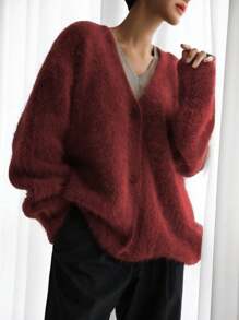女士纯色落肩长袖单排扣休闲开衫，优雅仿毛皮毛衣，红色 - 棗紅色 - 查看 6