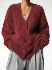 女士纯色落肩长袖单排扣休闲开衫，优雅仿毛皮毛衣，红色 - 棗紅色 - 查看 2
