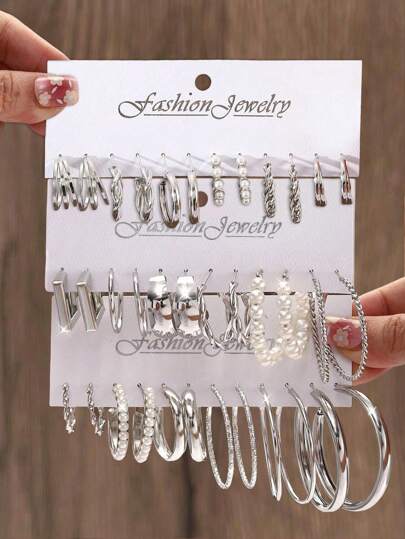 12 件复古朋克风格几何方形 C 形环状耳环套装，波西米亚人造珍珠大圆耳环，休闲日常配饰，女性的理想礼物