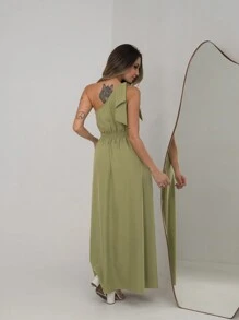 Elegance One Shoulder Long Dress V756 - Màu xanh Ô liu - Xem 2