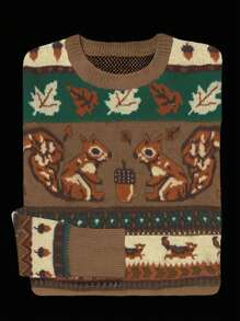 冬季时尚休闲女士圆领松鼠针织情侣套头衫 - 卡其色 - 查看 4