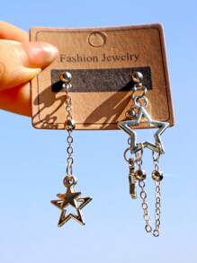 Bộ 1 đôi hoa tai hình ngôi sao: Hoa tai mặt dây chuyền hình ngôi sao, Hoa tai mặt dây chuyền hình ngôi sao Y2K, Hoa tai dạng dây chuyền hình ngôi sao, Hoa tai thời trang đường phố hình ngôi sao rỗng - Bạc - Xem 8