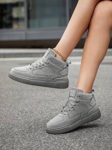 (Runs Small) Women's Retro Khaki Lace-Up High-Top Skateboard Shoes, Simple Versatile Outdoor Hiking Plus Size Sneakers - Grey - View 7