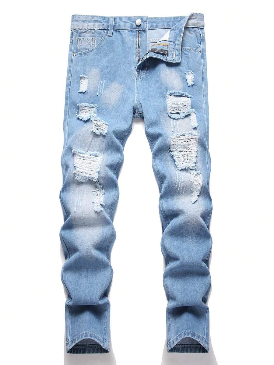 Quần jean rách thời trang thường ngày dành cho nam thiếu niên, phù hợp cho mọi mùa. - Rửa nhẹ - Xem 1