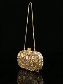 1件闪亮优雅晚宴手提包，奢华女士水晶手拿包，时尚口红香水手提包，精致闪耀水晶装饰手提包，全手工金属钻石手拿包，适合贵妇出席派对、盛会、聚会和宴会。 - 金色 - 查看 3