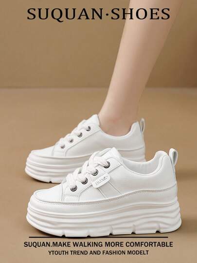 1 Pair Women's Thick Sole Cute White Low-Top Sneakers, Comfortable & Fashionable Sports Shoes Suitable For Petite Women