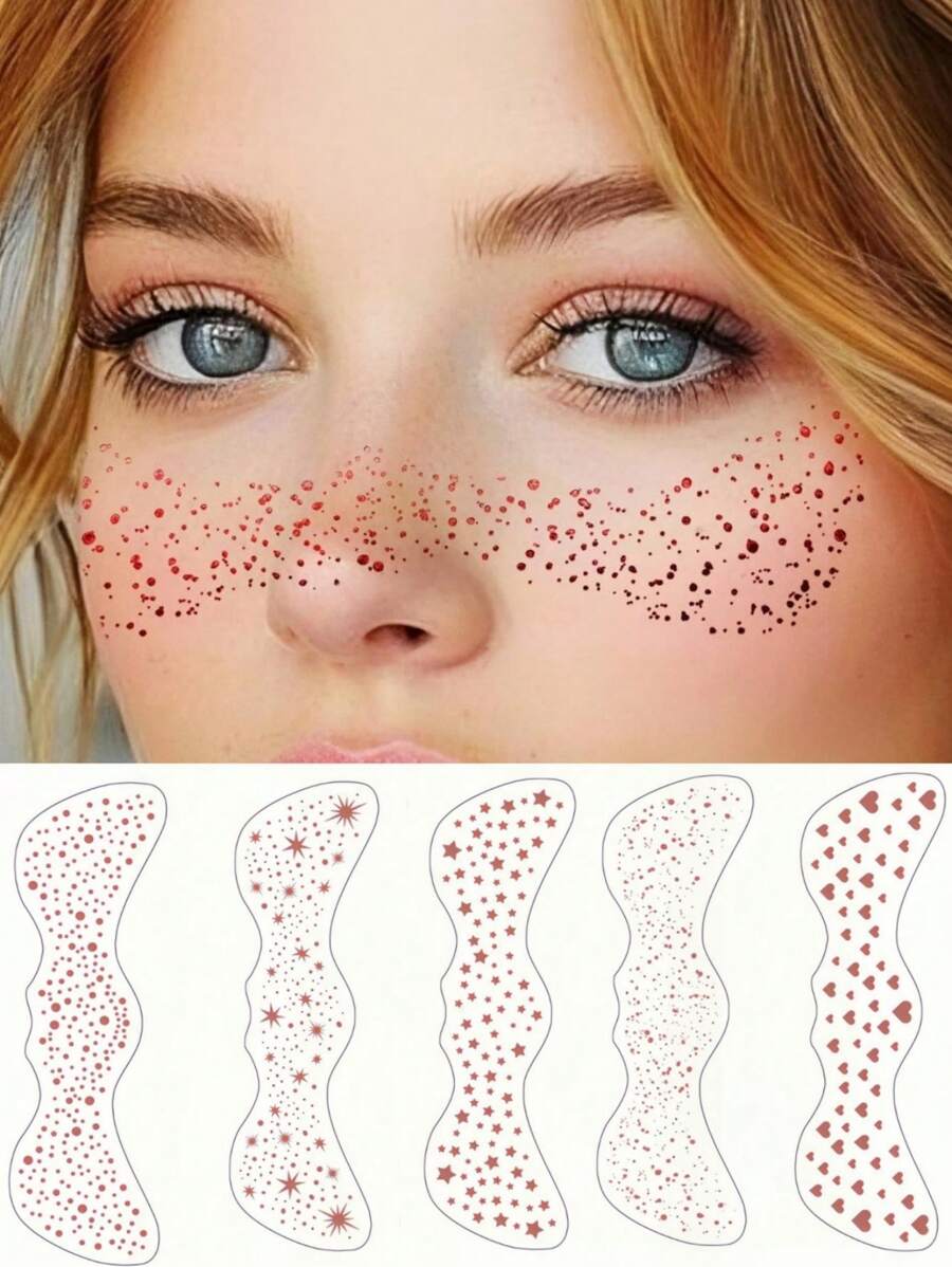 5张闪粉雀斑古铜闪粉面部纹身，卡其金色雀斑临时面部纹身，带心形点星形图案，女性金属纹身闪粉贴片 - 卡其色 - 查看 1