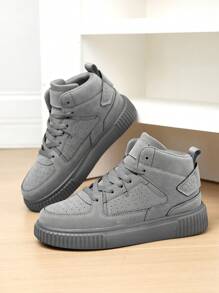 (Runs Small) Women's Retro Khaki Lace-Up High-Top Skateboard Shoes, Simple Versatile Outdoor Hiking Plus Size Sneakers - Grey - View 10