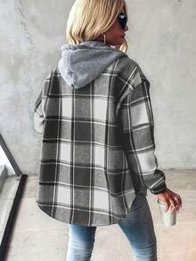 女士复古休闲格子连帽大衣