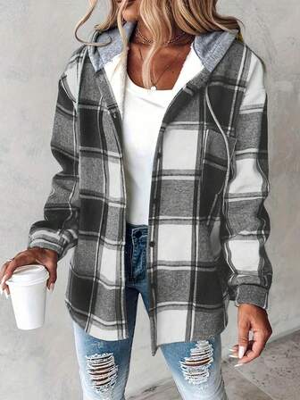 Women Retro Casual Plaid Hooded Coat