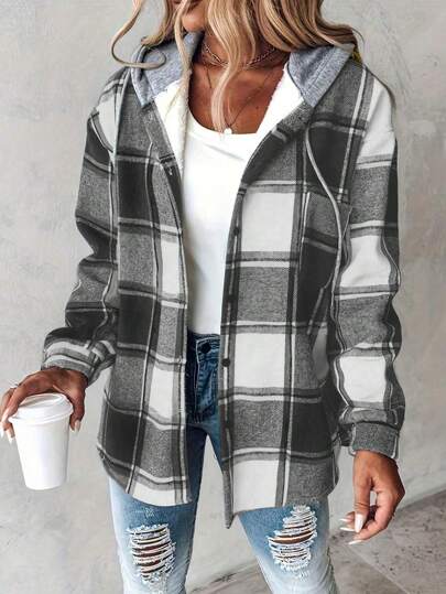Women Retro Casual Plaid Hooded Coat