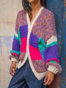 Fall Color Block Long Sleeve V-Neck Boho Cardigan For Women - Purple - View 8