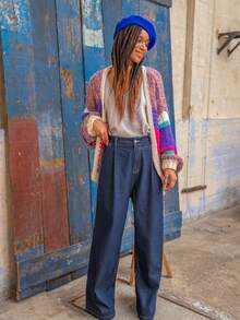 Fall Color Block Long Sleeve V-Neck Boho Cardigan For Women - Purple - View 3