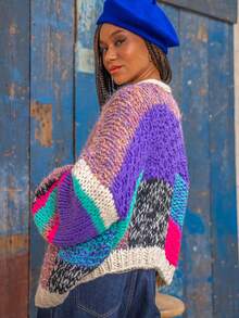 Fall Color Block Long Sleeve V-Neck Boho Cardigan For Women - Purple - View 7