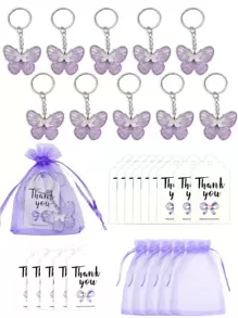 30Pack(10set) Butterfly Keychain Favor Set For Wedding, Bridal Shower, Birthday, Teacher Appreciation & Thanksgiving - 10 Plastic Key Rings With Snap Hook, 10 Polyester Drawstring Gift Pouches & 10 Thank You Tags With Elastic String, Friendship & Love Themed Party Souvenirs - Multicolor - View 1