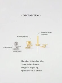1个迷你金色闪电内螺纹唇钉，低过敏性925纯银立方氧化锆耳钉，男女通用日常佩戴 - 彩色 - 查看 3
