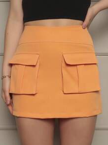 Short Tailored Cargo Skirt, High Waist With Mini Pocket, Summer Fashion - 橘色 - 查看 5