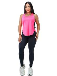 Regata Feminina Costa Nadadora Alongada Tapa Bumbum Para Treino Tecido Leve DryFit Colorida Academia Esportes - Pink - Visão 2