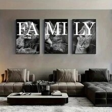3pcs Unframed Three Elegant Lions Family Quotes: Stylish And Inspiring Black And White Canvas Art For Home And Gift Decoration Thanksgiving Decorations Modern Interior Home Decor, Living Room, Bedroom, Kitchen And Hallway Decorative Wall Art, Perfect Gift Idea For New Year, Dining Room Decorative Wall Art