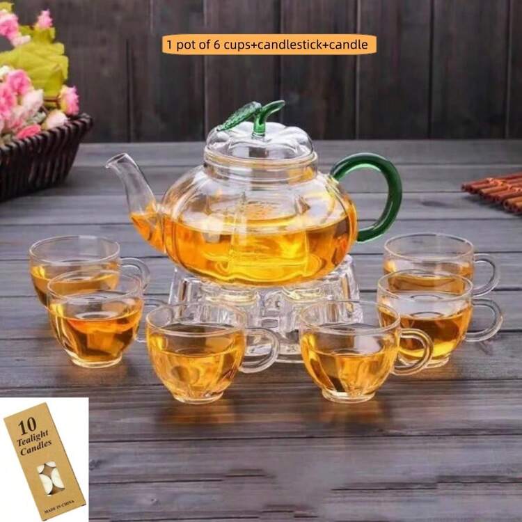 1 套创意南瓜风格玻璃茶具套装，带茶壶和杯子，硼硅酸盐玻璃，耐热耐寒 - 透明色 - 查看 1