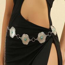 Dây thắt lưng kim loại thời trang phong cách phương Tây Boho Chic họa tiết hoa ngọc lam dành cho nữ, thích hợp cho lễ Halloween, Giáng sinh, Năm mới, Mùa xuân, Mùa hè, Mùa thu, Mùa đông - bạc màu ngọc lam - Xem 1