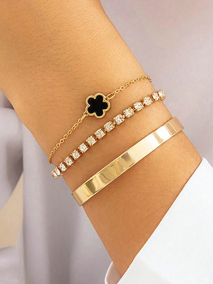 3 件套时尚水钻镶嵌手链，时尚花朵手链和手镯套装，独特美学 - 彩色 - 查看 1