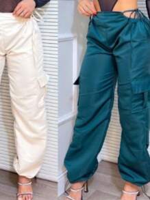 Women's Hollow Waist Jogger Pants With Pockets And Elastic Hem - 酒紅色 - 查看 2