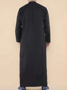 1 件男士休闲长袖经典简约纯黑色涤纶面料圆领长袍