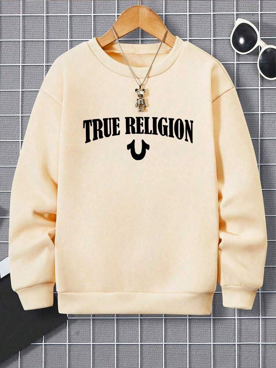 Tween Boy 字母图案保暖衬里运动衫 - 杏色 - 查看 1