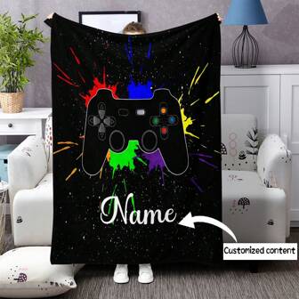 1pc Gamer Video Game Pattern Personalized Blanket, Super Soft And Comfortable High-Definition Flannel Digital Print Blanket, Ideal For Bedroom, Living Room, Sofa, Office, Travel, And As A Gift, Breathable, Lightweight, Washable, Cute, Love, Warm, Cozy, Soft, Comfortable, Simple, Custom, Personalized, Unique, Him, Her, Boyfriend, Girlfriend, Dad, Mom, Family, Friends, For Anniversaries, For Birthdays, For Housewarming, Bed, Car, Bedroom, Tea Room, Living Room, Sofa